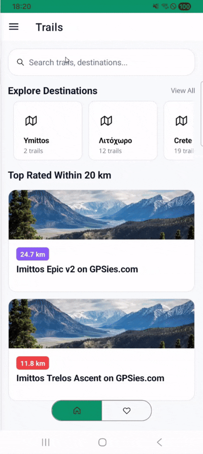 Browsing destinations, finding nearby trails, and viewing a route on the map in TrailMap